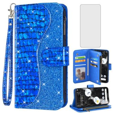 Imagem de Asuwish Capa de celular para Google Pixel 7 5G com protetor de tela e alça de pulso de couro com glitter com zíper flip suporte para cartão de crédito Cell Pixel7 Pixle Seven 6.3 mulheres meninas azul