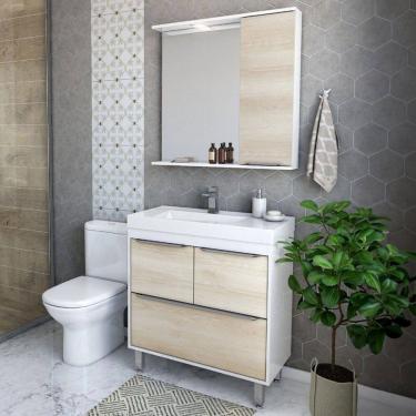 Imagem de Armário de Banheiro Paris 3 Portas 1 Gaveta Branco/Legno Crema - Ozini Móveis