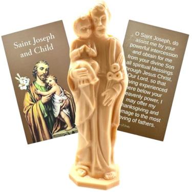 Imagem de St Joseph and Child Statue Mini Figurine Set with Patron Saint of Fathers Holy Card Made in The USA