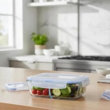 Imagem de Kit 3 Pote Retangular Hermético Vidro Marmita Microondas Fitness Marmi