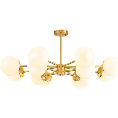 Imagem de Lustre moderno dourado Lustre de latão escovado Luz de teto Vidro leitoso Pendurado Luminárias Lustre de quarto para sala de jantar Sala de estar Cozinha Ilha Banheiro, 12 luzes