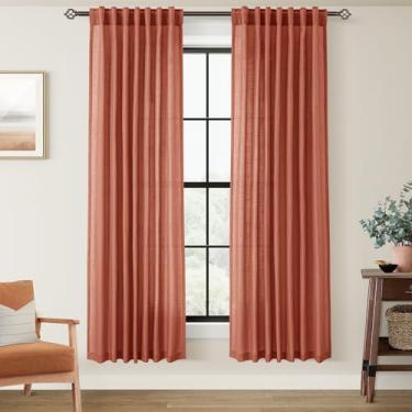 Imagem de Cortinas de terracota de linho de 183 cm, 2 painéis para sala de estar, filtro de luz, semitransparentes, enferrujadas, tecido de algodão macio, macio, texturizado, rústico, boêmio, decoração de