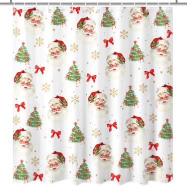 Imagem de Lindameler Cortina de chuveiro de Natal para banheiro, laço rosa, Papai Noel, cortina de inverno, floco de neve, árvore de Natal para decoração de banheiro, tecido impermeável de 182 x 182 cm