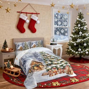 Imagem de Conjunto de edredom infantil casinha de Natal, caixa de luzes de Natal, decoração de quarto de meninos e meninas, edredom de floco de neve de pinheiro com glitter, conjunto de edredom verde cinza e 1