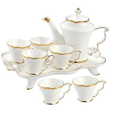 Imagem de Conjunto de 8 peças de chá de porcelana branca serviço de café um bule de chá, conjunto de 6 xícaras de café com bandeja