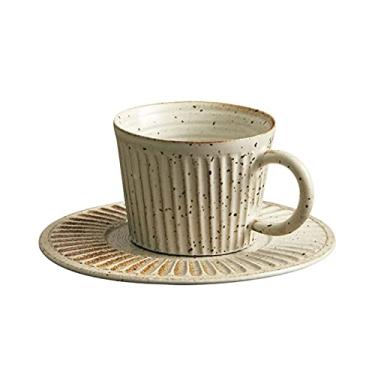 Imagem de WOTZOV Caneca de café de porcelana feita à mão estilo rústico requintado caneca de cerâmica caneca de café de grés às riscas para casa com pires chávenas para beber café, chá, sumo,