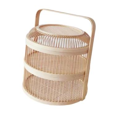 Imagem de Fenteer Cesta de bambu trançada com tampa, organizador de chá, duas camadas, leve, cesta de armazenamento de frutas e vegetais para festas diárias de fim de