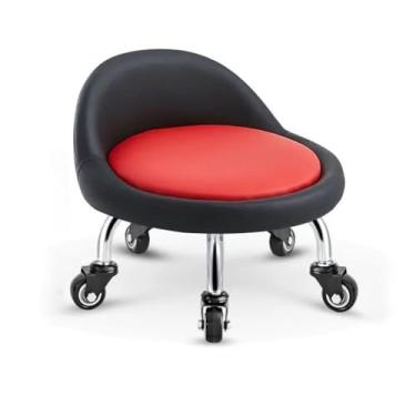Imagem de Banqueta baixa com rodas, assento largo com rodas e rolamentos de 360 graus, banco com rodas de couro sintético macio com encosto para massagens em casa e no jardim (tamanho vermelho único) (preto