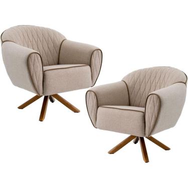 Imagem de Kit 02 Poltronas Decorativas Base Giratória de Madeira Nina D02 Tressê Bege Rústico D-470  - Lyam Decor