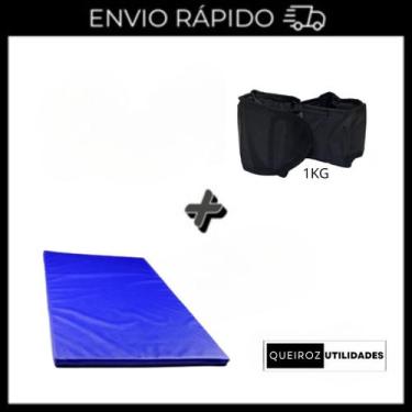 Imagem de KIT Caneleira de Peso Preta Par de 1KG + Colchonete Azul Treino/Academ
