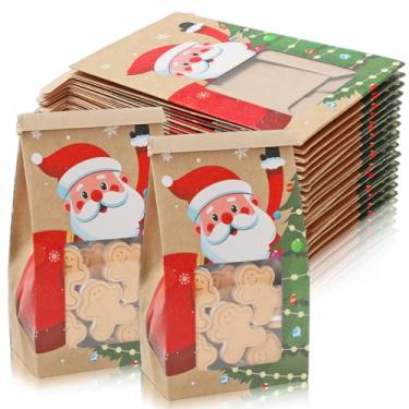 Imagem de FYSUIMU 50 peças de sacos de padaria de Natal com janela marrom Papai Noel, sacos de biscoitos, papel kraft, fio de ferro, aba de amarrar, travar, saco de petisco para dar de presente, Natal, doces