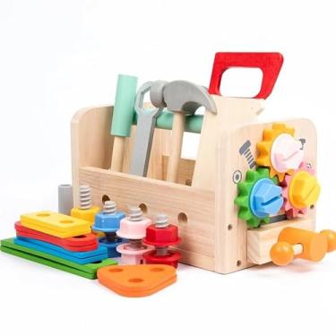 Imagem de Caixa de Ferramentas Infantil de Madeira, Brinquedo Educativo com Engrenagens Coloridas, Parafusos e Ferramentas, 20,6 x 12,5 x 12,4 cm, para Crianças 3 Anos ou Mais