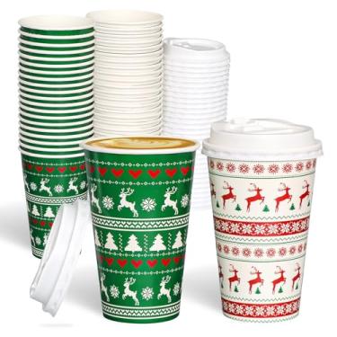 Imagem de SEQUEDA Pacote com 50 xícaras de café descartáveis de Natal com tampas 473 ml, copos de café espessos para viagem, copos de papel natalinos para bebidas quentes, chocolate, chá, cacau, copos de festa