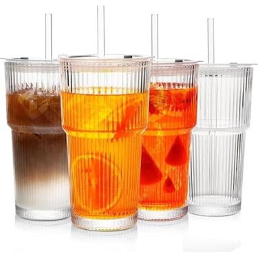 Imagem de Snextek Copo de vidro canelado de 590 ml com tampas e palha, pacote com 4, copos de vidro vintage com tampas e canudos, conjunto de xícaras de café gelado de parede espessa, ideal para café, vitaminas