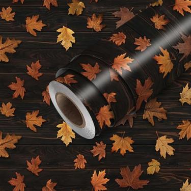Imagem de HOMETITUTE Papel de parede de folhas de outono escuro descascar e colar outono marrom laranja padrão 118,1 x 17,7 polegadas papel de contato autoadesivo removível para quarto, sala de estar, armários