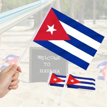 Imagem de Mini bandeira Cuba Pacote com 12 - Bandeiras Cubanas Pequenas Miniaturas Manuais no Bastão - Resistente ao desbotamento e Cores Vivas - 12 x 20 cm com mastro sólido e topo de lança