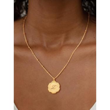Imagem de Colar feminino banhado a ouro 14K com pingente de alfabeto banhado a ouro 14 K com letras e contas, Medium, Latão, Sem Pedra Preciosa