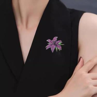 Imagem de Broche de declaração de casamento flor de lírio arte CZ lapela broche de folhas de cristal austríaco buquê de aglomerados broches vestido elegante terno suéter acessórios para mulheres senhoras festa
