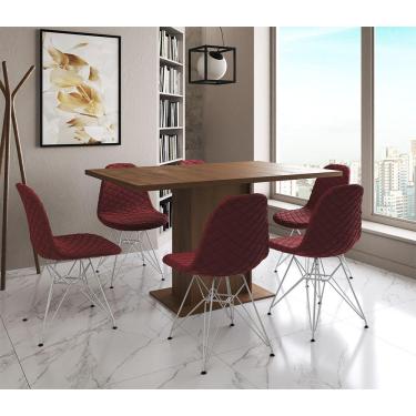 Imagem de Mesa Jantar Londres Retangular Amêndoa 137X90Cm 6 Cadeiras Estofadas Vermelho Ferro Branco