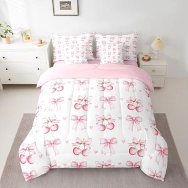 Imagem de Conjunto de cama Queen com laço de cereja e laço romântico, estampa romântica com estampa de frutas tropicais, rosa e branco (edredom + lençol de cima + 2 fronhas + 2 fronhas de travesseiro)