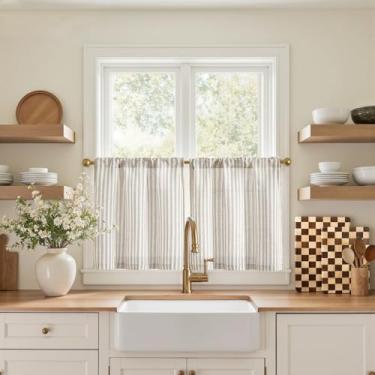Imagem de jinchan Cortinas listradas de linho para cozinha, 50,8 cm, estilo fazenda, moderno, café, tratamentos de janela pequena, bolso para varão de filtragem de luz arejada para sala de estar, banheiro, 2