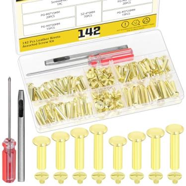 Imagem de Mardatt 70 conjuntos de ouro M5 x 15/18/20/25 mm kit de parafusos Chicago, rebites de couro, rebites, parafusos de encadernação Chicago com ferramentas de configuração para cinto de artesanato de