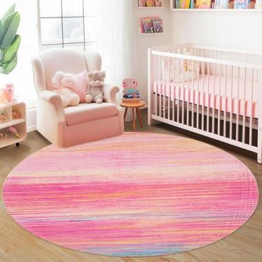 Imagem de USTIDE Tapete grande arco-íris redondo 1,5 m lavável tapete infantil rosa listrado confortável quarto/sala de estar/sala de aula/decoração de quarto de meninas