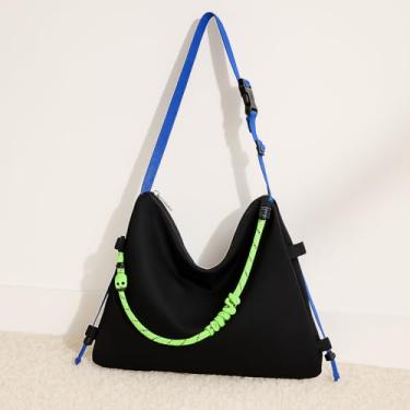 Imagem de Bolsa transversal de lona com cordão para mulheres – Bolsa de ombro simples de grande capacidade com fecho de zíper, Preto, Medium, Mochila casual