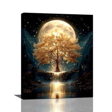 Imagem de Golden Tree Wall Art Fantasy Tree com Lua e Cachoeira Tela Decoração de Parede Imagens Impressões Natureza Mística Arte Emoldurada Decoração Para Meditação Espaço Banheiro Quarto Sala de Estar