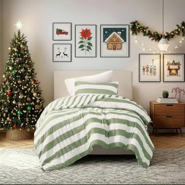 Imagem de Regency Heights Conjunto de edredom solteiro listrado reversível, de microfibra macia com design de listras de dupla face, quente e aconchegante para todas as estações, edredom e edredom de 2 peças