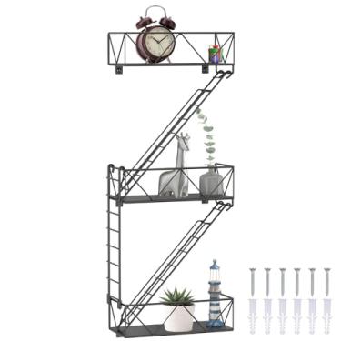 Imagem de Prateleira de parede de escada de incêndio de metal preto de 3 camadas, organizador de exibição flutuante de ferro suspenso, inclui parafusos e instruções de configuração