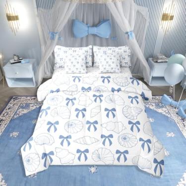 Imagem de Erosebridal Conjunto de edredom de 7 peças com laço azul e concha dupla, temática costeira, verão, oceano, litoral, laços estéticos, para crianças, adolescentes e adultos