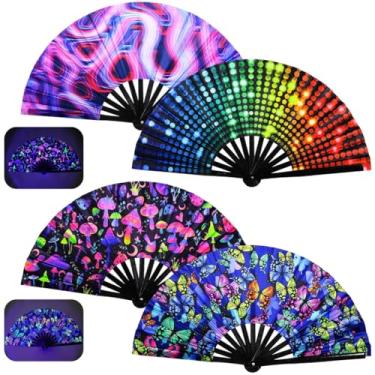 Imagem de Chewtoyo Ventoinhas de mão dobráveis portáteis para, 4 peças de ventilador portátil dobrável de bambu, grande ventilador fluorescente Rave Clack, ventilador dobrável à mão para carnavais