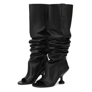 Imagem de ZJGZF Botas de cano alto de couro pretas para mulheres aberta peep toe gatinho salto longo bico redondo bota moderna plataforma larga, Preto, 39
