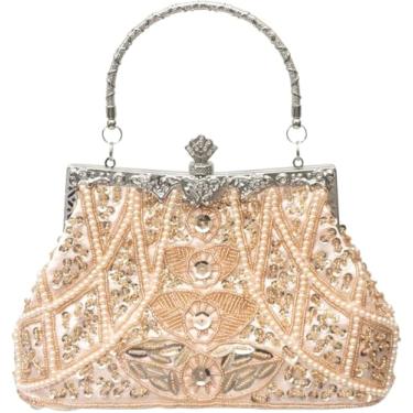 Imagem de YUGAORULI Bolsa de mão vintage floral com lantejoulas de strass bordada, bolsa de mão para noite, festa de casamento e formatura, Champanhe, 9"L x 6.1"H x 2.8"W