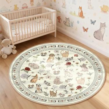 Imagem de Tapete redondo 1,2 m animal gato cachorro floral pequeno tapete circular lavável tapete redondo antiderrapante para quarto de crianças escritório entrada faculdade dormitório banheiro, bege