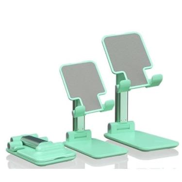 Imagem de Suporte Retrátil Ajustável para Celular e Tablet, Verde Menta, Aço, Base de Mesa, Rotação 72 Graus, 2,5 x 11 x 6,7 cm