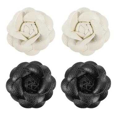 Imagem de Generic Grampos de cabelo de flores, pacote com 4 alfinetes florais de camélia, broche de flor de couro feito à mão para mulheres, chapéu, camisa, preto, bege