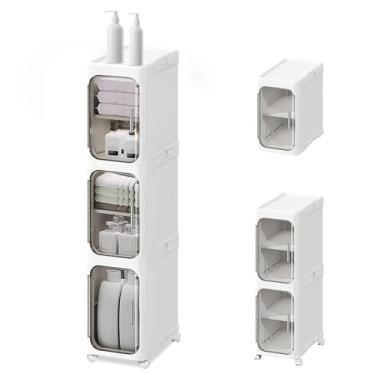 Imagem de HQTrailTrekker Armário de armazenamento fino de banheiro de 3 níveis – Organização ideal para lavanderia com rodas de remoção e prateleiras ajustáveis, armário de armazenamento estreito para banheiro