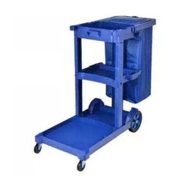 Imagem de Carrinho de limpeza comercial de 3 prateleiras com capa e saco de vinil, carrinho de limpeza de plástico, carrinho de limpeza sobre rodas (azul)