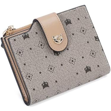 Imagem de FOXLOVER Carteira pequena feminina com bloqueio de RFID de couro macio dobrável com zíper e bolso para cartão de crédito com janela para identidade e caixa de presente, Caqui, 3.7" x 4.5" x 1.2