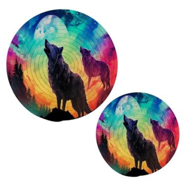 Imagem de Blueangle 2 peças de suporte de panela de lobo colorido - conjunto de pegadores de panela de tecido redondo - almofadas quentes trançadas de algodão - porta-copos - tapetes de mesa para cozinhar e