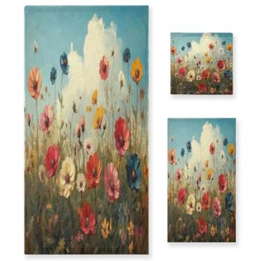 Imagem de ATTX Conjunto de toalhas de banho com pintura a óleo de flores silvestres de 3 peças - Ultra macio e de secagem rápida, toalhas de mão absorventes de grau de hotel e spa para banheiro #327