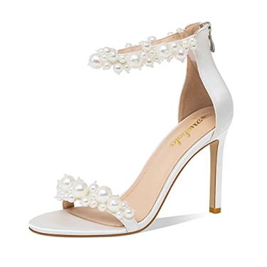 Imagem de Odetina Sandálias femininas de salto branco com decoração de pérolas salto agulha bico aberto nas costas zíper casamento sexy elegante verão salto alto sapatos de festa noite, Branco, 40