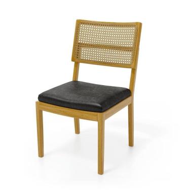 Imagem de Cadeira Milena Madeira Maciça Assento Estofado Encosto De Tela Palha Sextavada Courino Preto 503