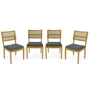 Imagem de Kit Com 4 Cadeiras Milena Madeira Maciça Assentos Estofados Encostos De Tela Palha Sextavada Linho Chumbo 406