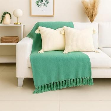 Imagem de Manta Capa para Sofá Gigante XGG 240x180 cm - 100% Algodão, Com Franjas, Proteção e Decoração Luxuosa para Sofá de Casal ou 3 Lugares (Verde água)
