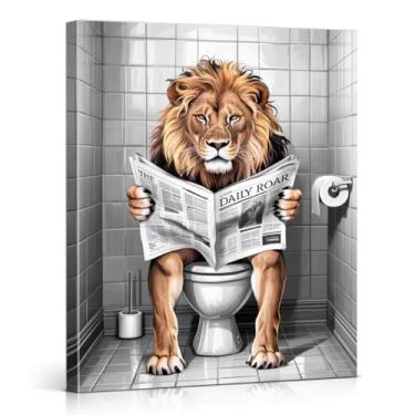 Imagem de Leão engraçado no banheiro impressão de arte de parede leão preto e branco imagem de pôster moderno animal decoração de parede para banheiro banheiro 20 x 25 tela emoldurada