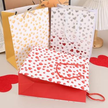 Imagem de 1 peça de sacos de presente de coração de papel de dia dos namorados com alça folha dourada amor coração festa lembrancinha doces sacos para aniversário de casamento, aniversário, cor aleatória (23 x