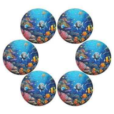 Imagem de Wassud Jogo americano conjunto de 6 tapetes de mesa redondos coloridos de recifes de peixe para cozinha e jantar tapetes laváveis resistentes ao calor para decoração de mesa 39 cm